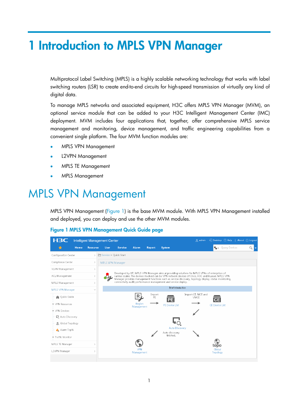 1 introduction to mpls vpn manager, Mpls vpn management | H3C Technologies H3C Intelligent Management Center User Manual | Page 11 / 273