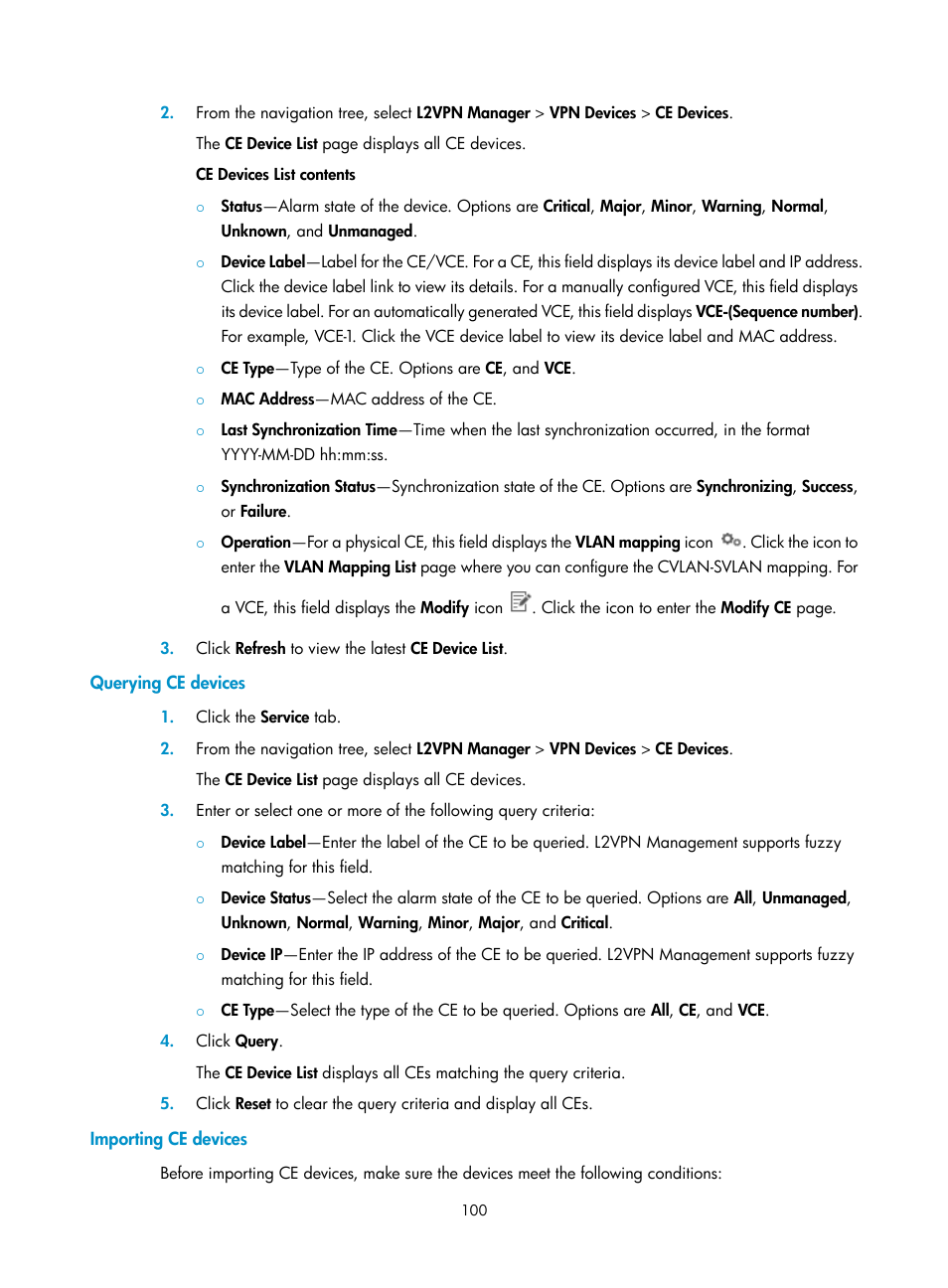 Querying ce devices, Importing ce devices | H3C Technologies H3C Intelligent Management Center User Manual | Page 110 / 273