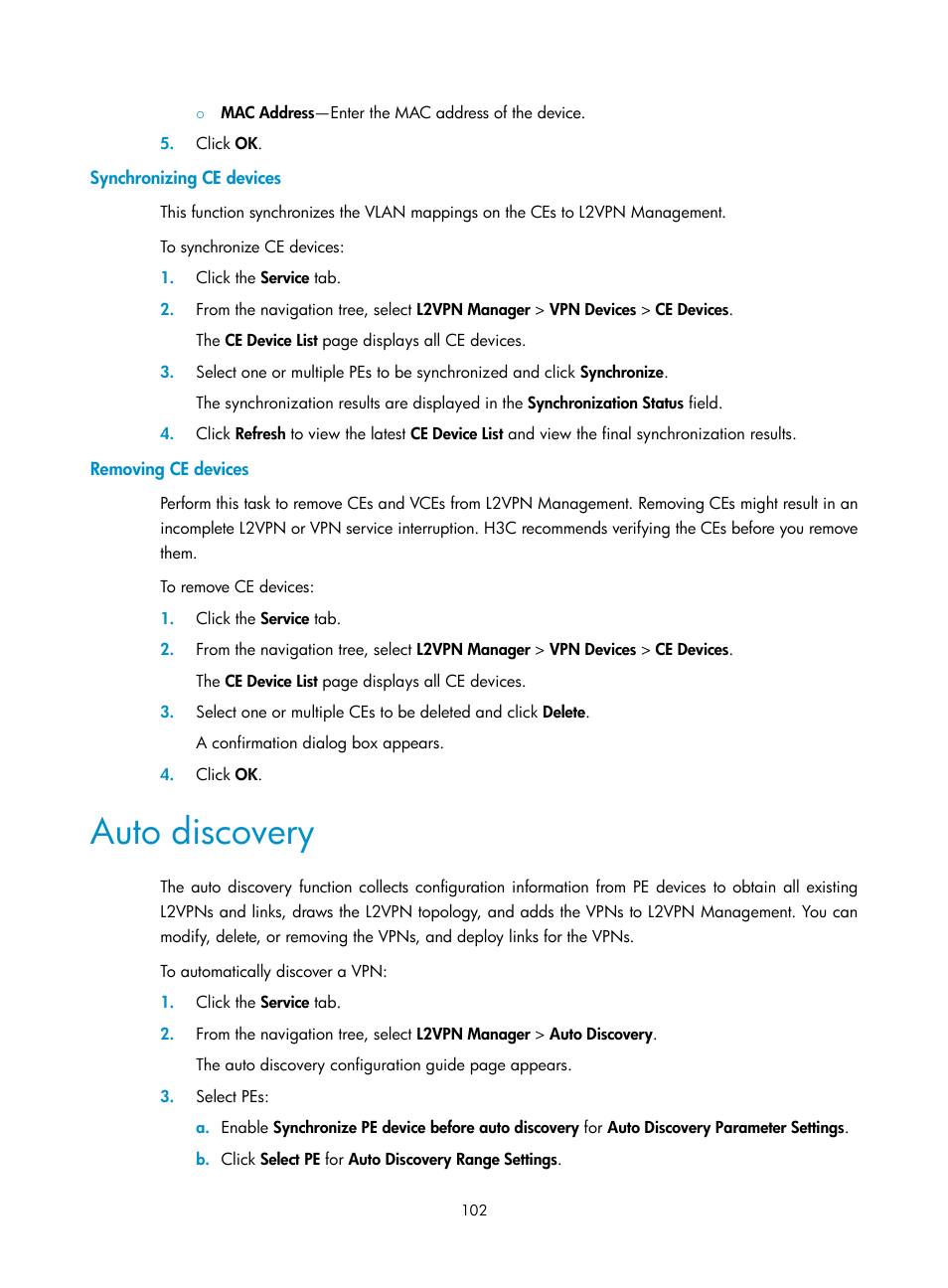 Synchronizing ce devices, Removing ce devices, Auto discovery | H3C Technologies H3C Intelligent Management Center User Manual | Page 112 / 273