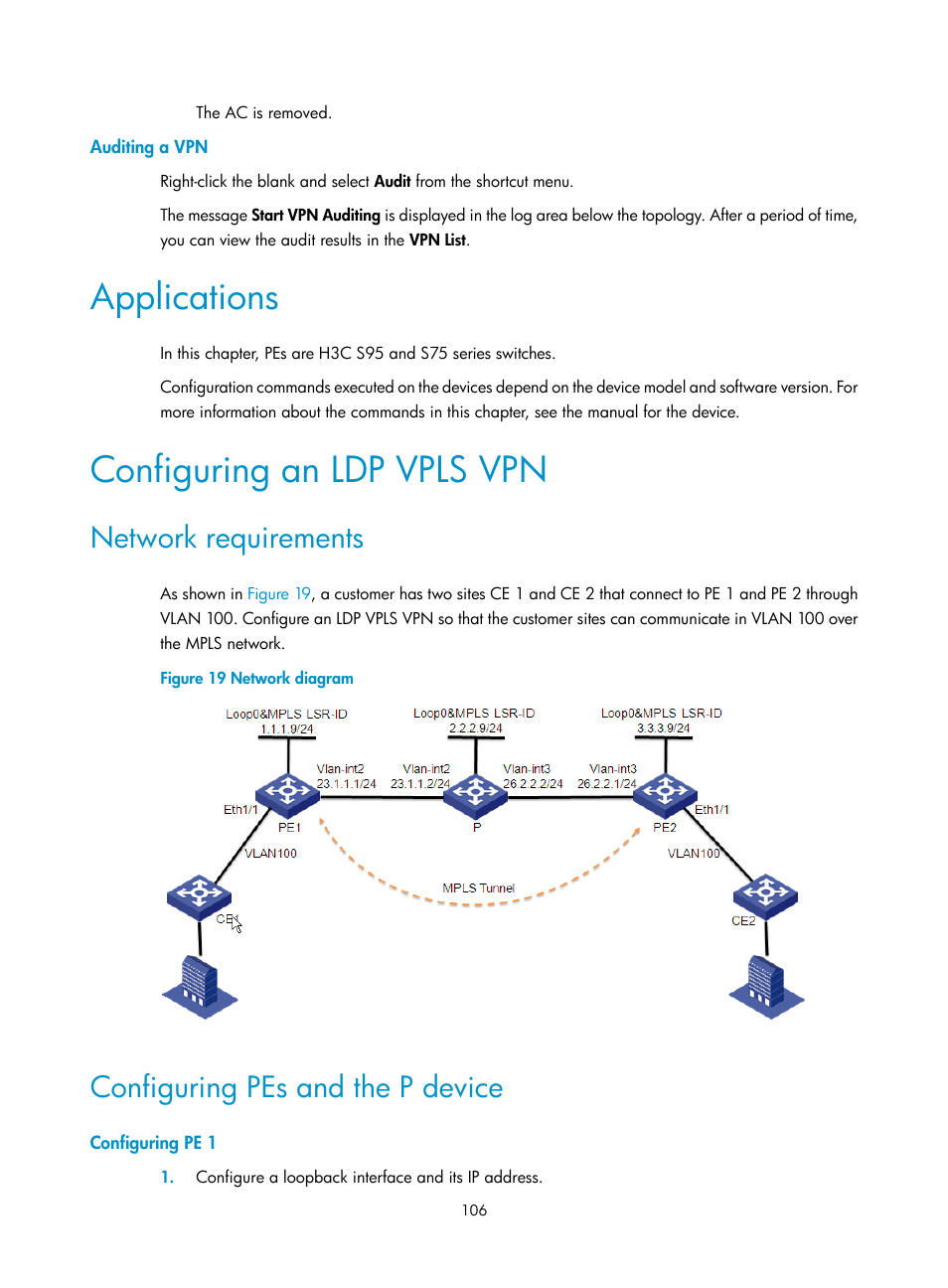 Auditing a vpn, Applications, Configuring an ldp vpls vpn | Network requirements, Configuring pes and the p device, Configuring pe 1 | H3C Technologies H3C Intelligent Management Center User Manual | Page 116 / 273