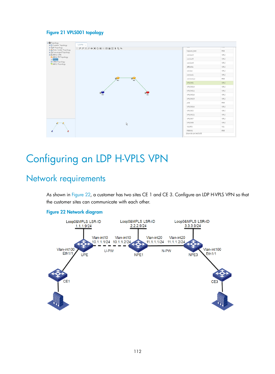 Configuring an ldp h-vpls vpn, Network requirements | H3C Technologies H3C Intelligent Management Center User Manual | Page 122 / 273