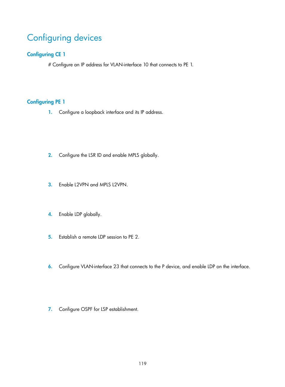 Configuring devices, Configuring ce 1, Configuring pe 1 | H3C Technologies H3C Intelligent Management Center User Manual | Page 129 / 273