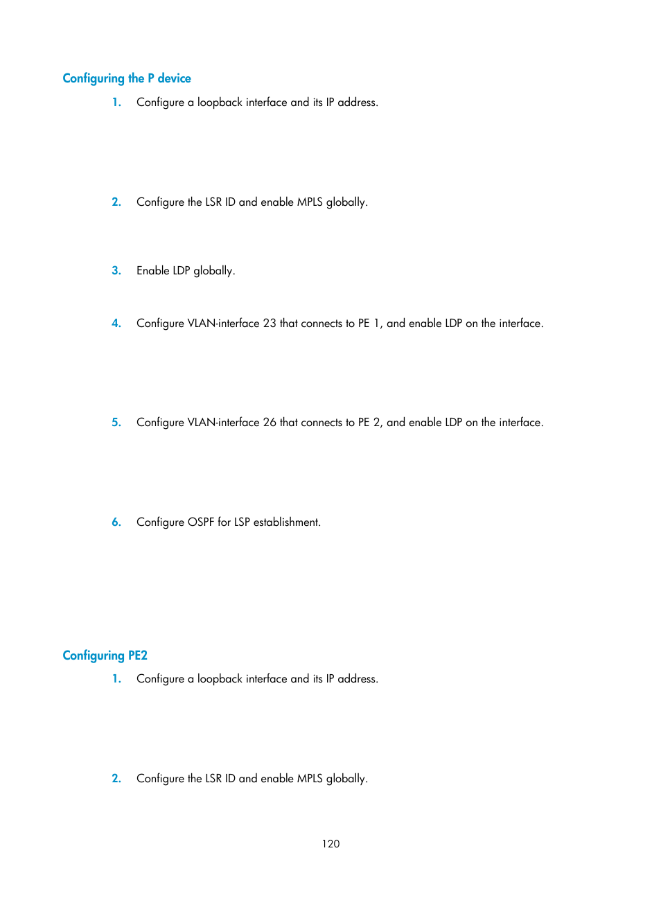 Configuring the p device, Configuring pe2 | H3C Technologies H3C Intelligent Management Center User Manual | Page 130 / 273