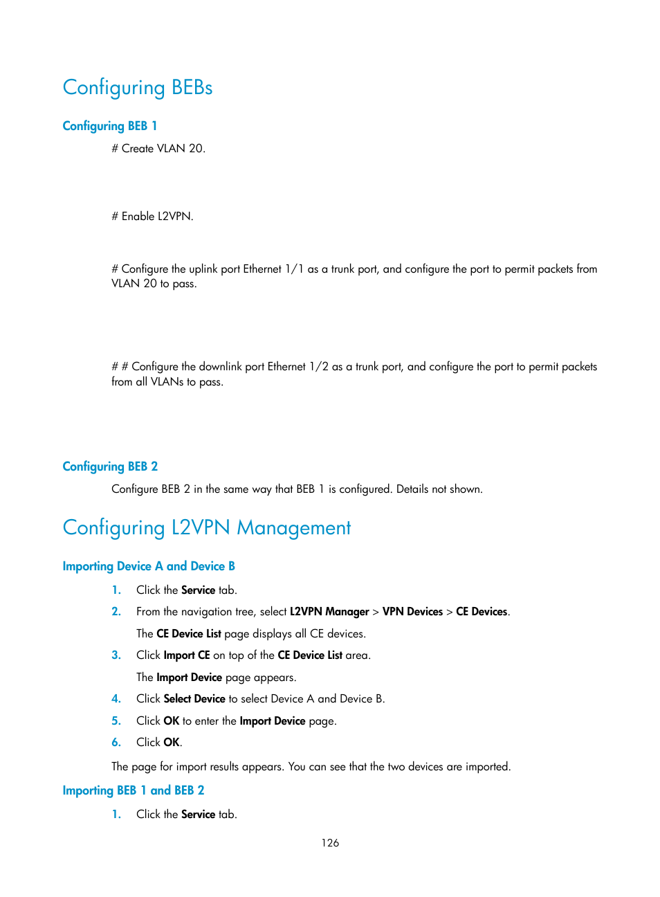 Configuring bebs, Configuring beb 1, Configuring beb 2 | Configuring l2vpn management, Importing device a and device b, Importing beb 1 and beb 2 | H3C Technologies H3C Intelligent Management Center User Manual | Page 136 / 273