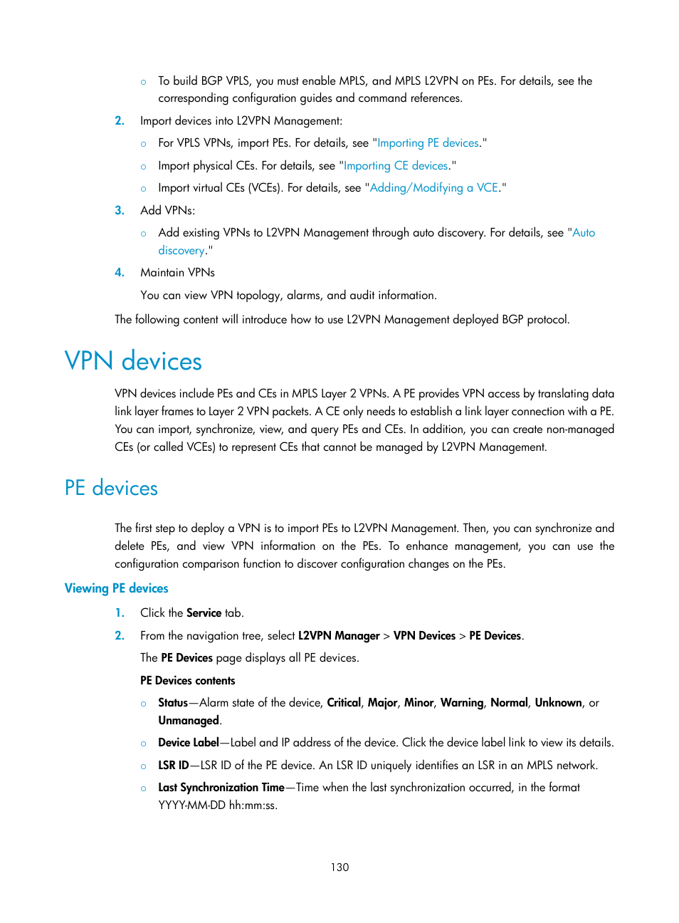 Vpn devices, Pe devices, Viewing pe devices | H3C Technologies H3C Intelligent Management Center User Manual | Page 140 / 273