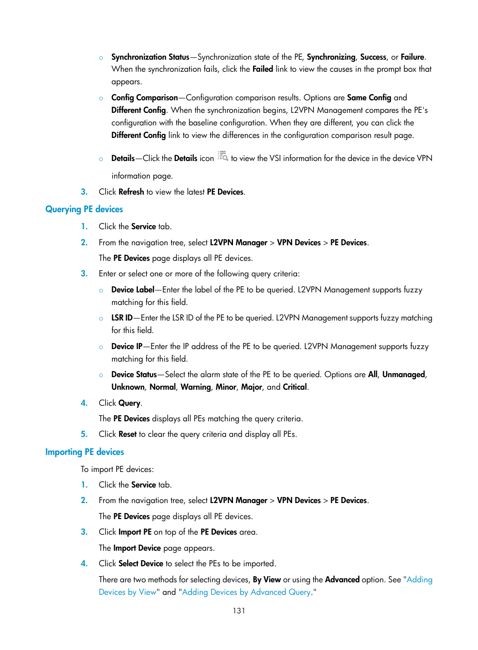 Querying pe devices, Importing pe devices | H3C Technologies H3C Intelligent Management Center User Manual | Page 141 / 273