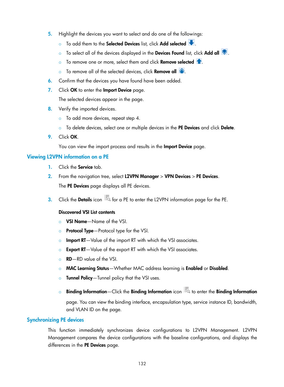 Viewing l2vpn information on a pe, Synchronizing pe devices | H3C Technologies H3C Intelligent Management Center User Manual | Page 142 / 273