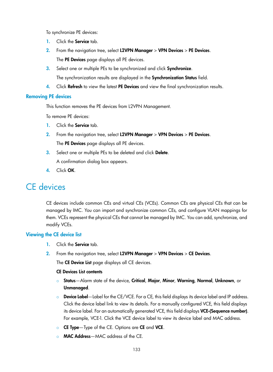 Removing pe devices, Ce devices, Viewing the ce device list | H3C Technologies H3C Intelligent Management Center User Manual | Page 143 / 273