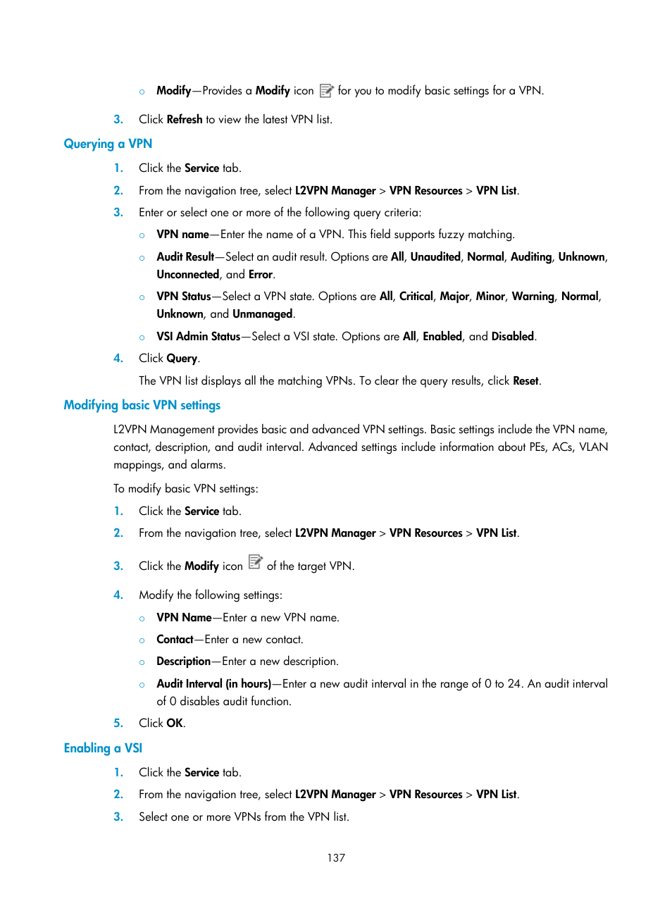 Querying a vpn, Modifying basic vpn settings, Enabling a vsi | H3C Technologies H3C Intelligent Management Center User Manual | Page 147 / 273