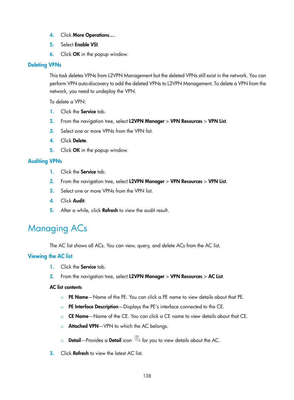 Deleting vpns, Auditing vpns, Managing acs | Viewing the ac list | H3C Technologies H3C Intelligent Management Center User Manual | Page 148 / 273