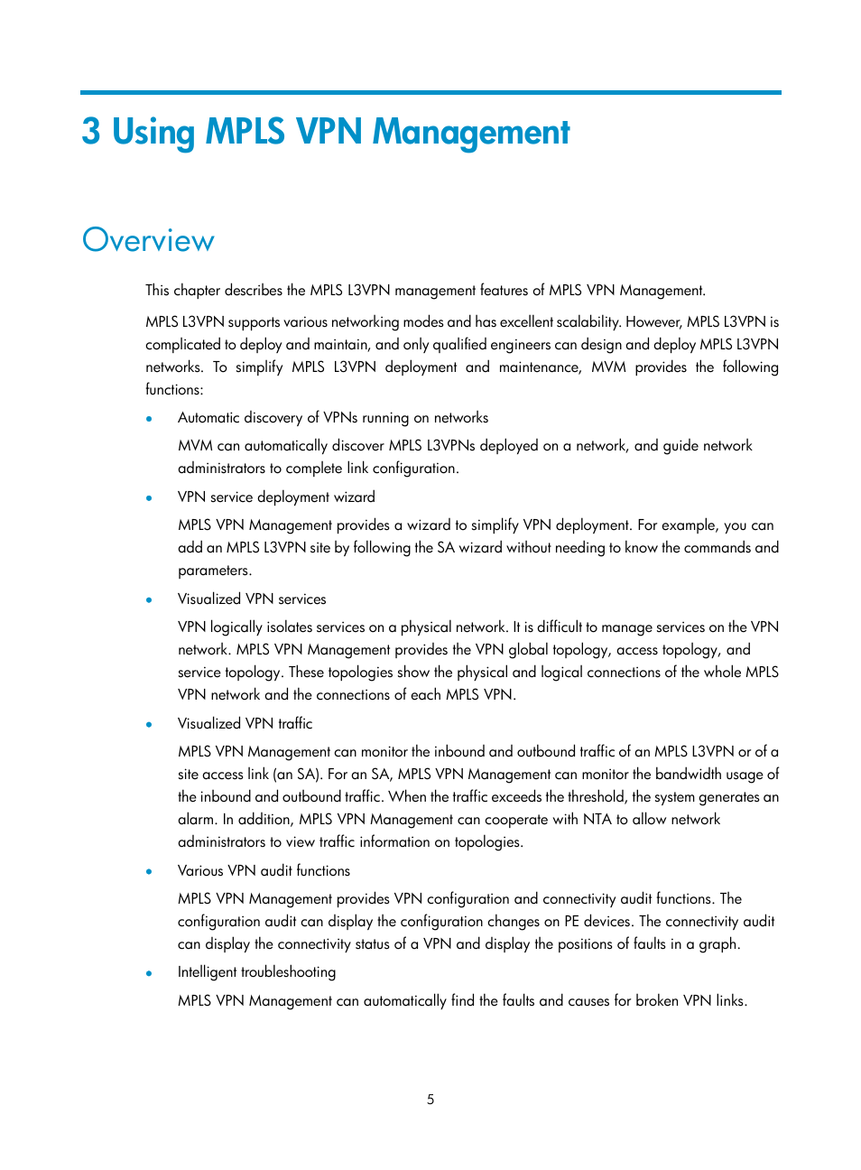 3 using mpls vpn management, Overview | H3C Technologies H3C Intelligent Management Center User Manual | Page 15 / 273