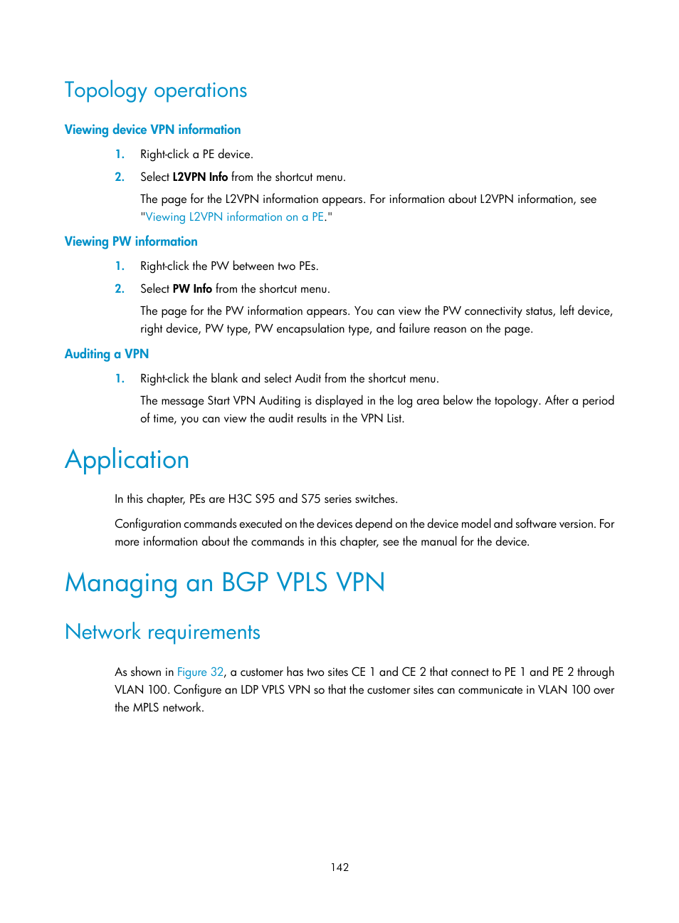 Topology operations, Viewing device vpn information, Viewing pw information | Auditing a vpn, Application, Managing an bgp vpls vpn, Network requirements | H3C Technologies H3C Intelligent Management Center User Manual | Page 152 / 273