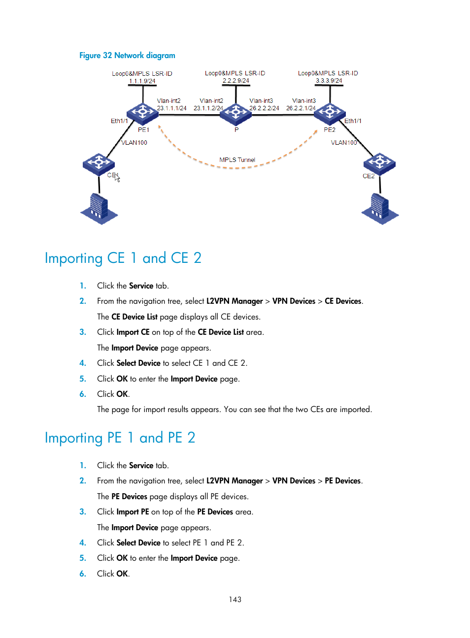 Importing ce 1 and ce 2, Importing pe 1 and pe 2 | H3C Technologies H3C Intelligent Management Center User Manual | Page 153 / 273