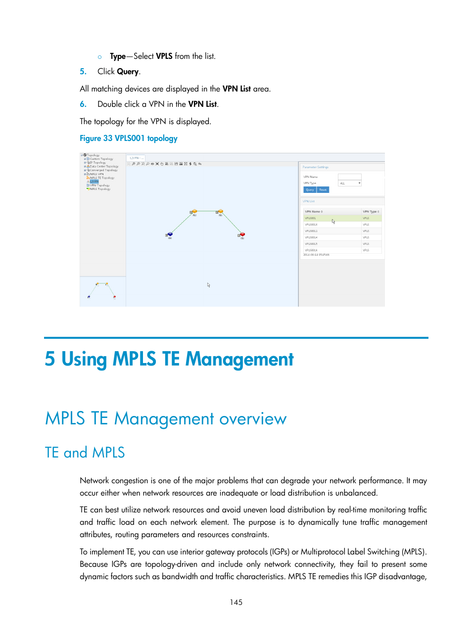 5 using mpls te management, Mpls te management overview, Te and mpls | H3C Technologies H3C Intelligent Management Center User Manual | Page 155 / 273