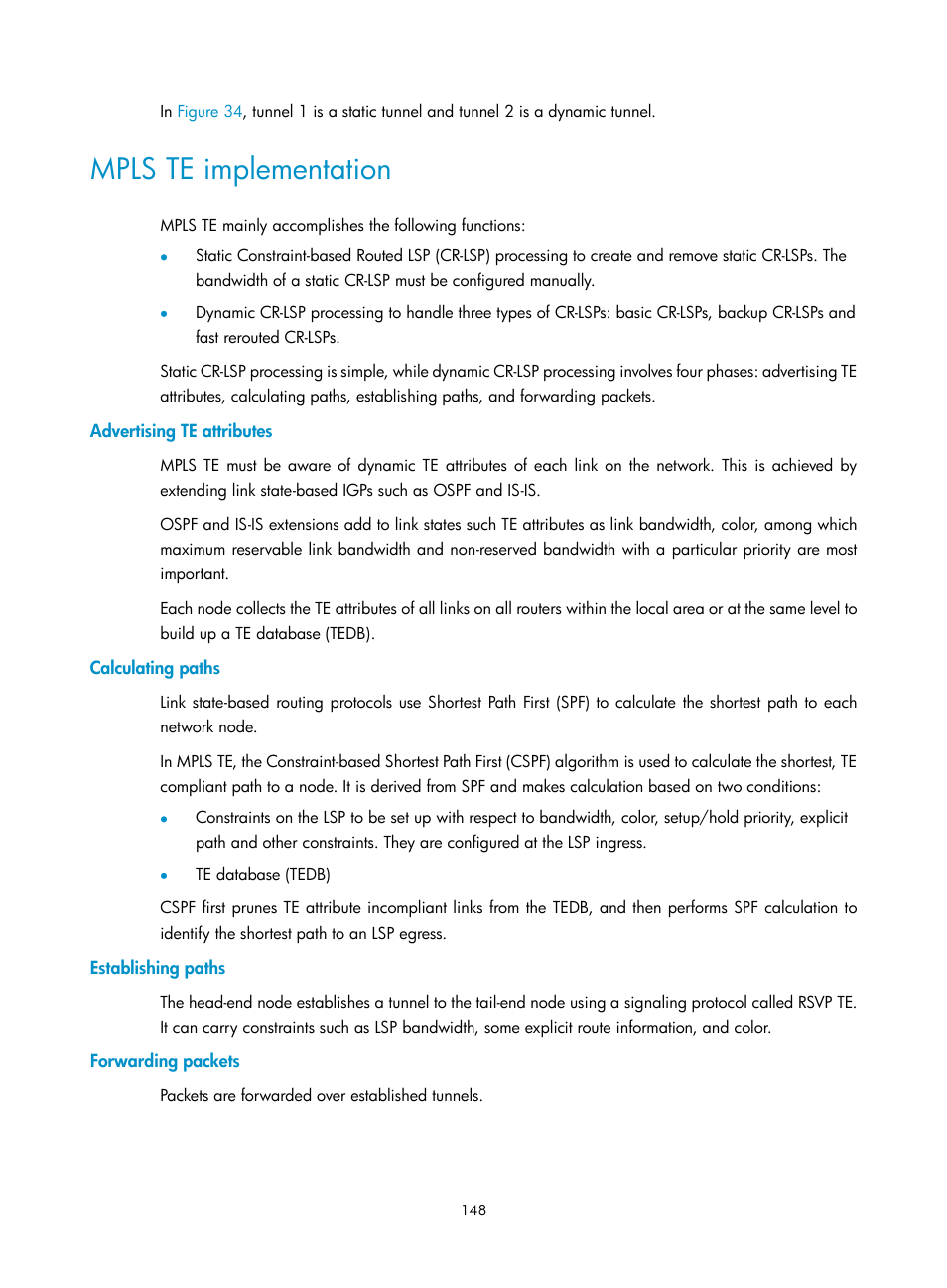 Mpls te implementation, Advertising te attributes, Calculating paths | Establishing paths, Forwarding packets | H3C Technologies H3C Intelligent Management Center User Manual | Page 158 / 273