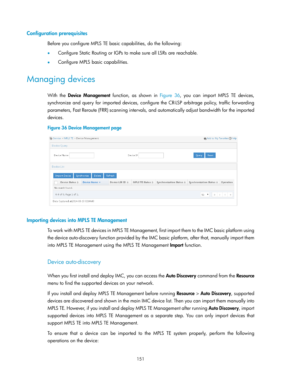 Configuration prerequisites, Managing devices, Importing devices into mpls te management | Device auto-discovery | H3C Technologies H3C Intelligent Management Center User Manual | Page 161 / 273