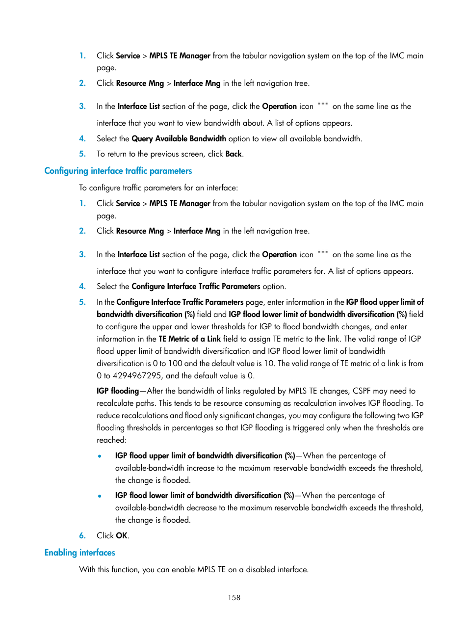 Configuring interface traffic parameters, Enabling interfaces | H3C Technologies H3C Intelligent Management Center User Manual | Page 168 / 273