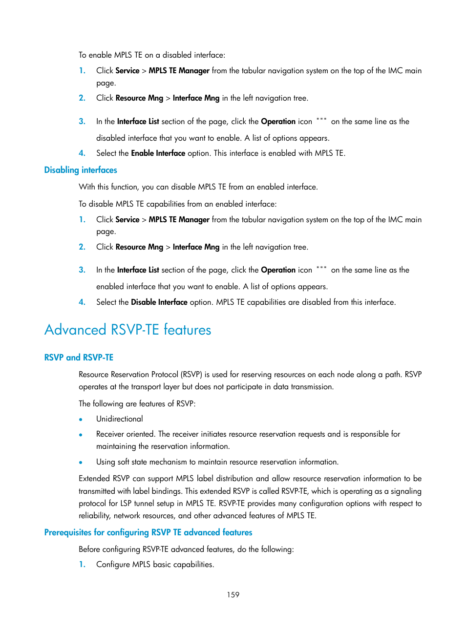 Disabling interfaces, Advanced rsvp-te features, Rsvp and rsvp-te | H3C Technologies H3C Intelligent Management Center User Manual | Page 169 / 273