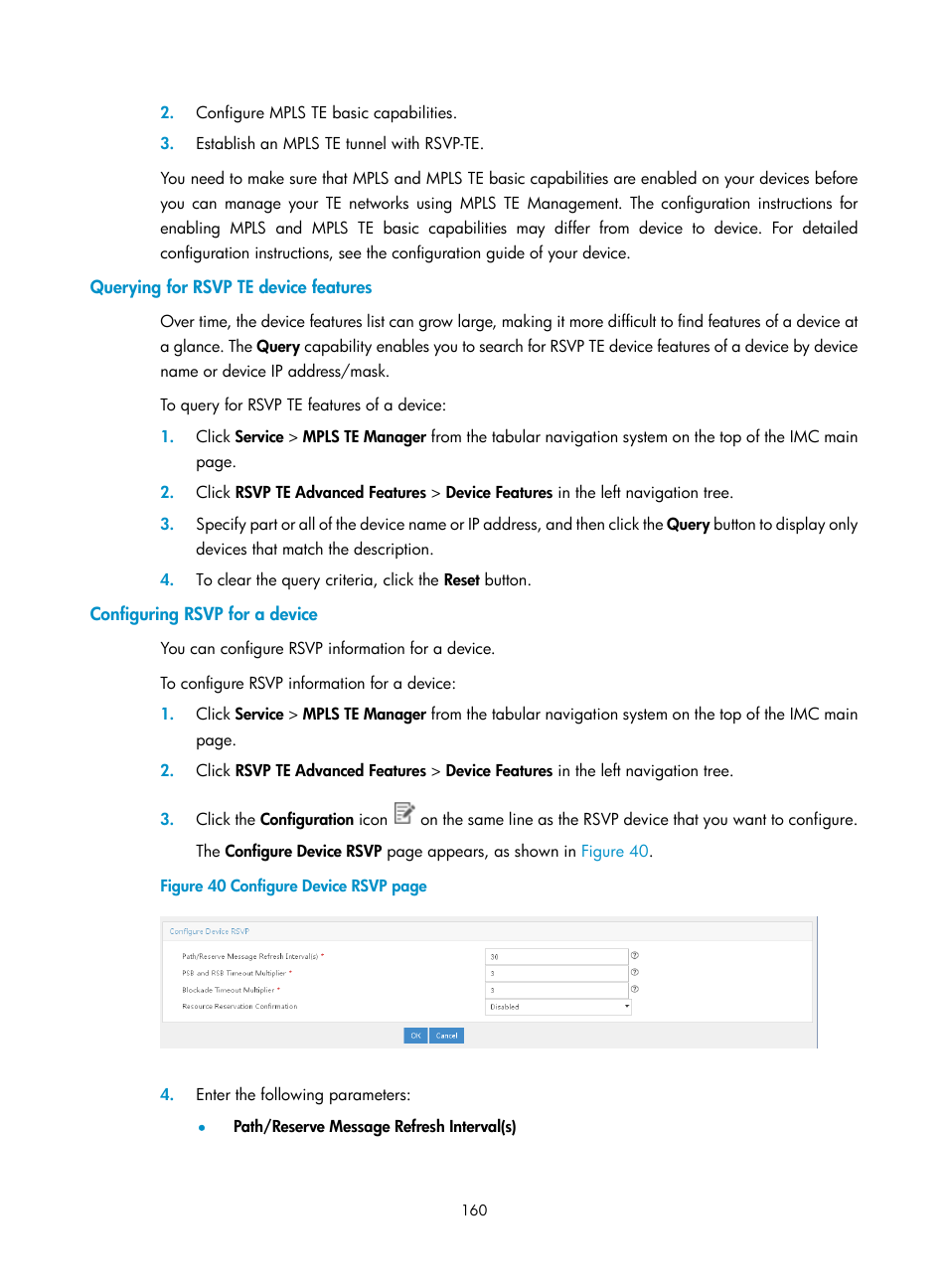 Querying for rsvp te device features, Configuring rsvp for a device | H3C Technologies H3C Intelligent Management Center User Manual | Page 170 / 273