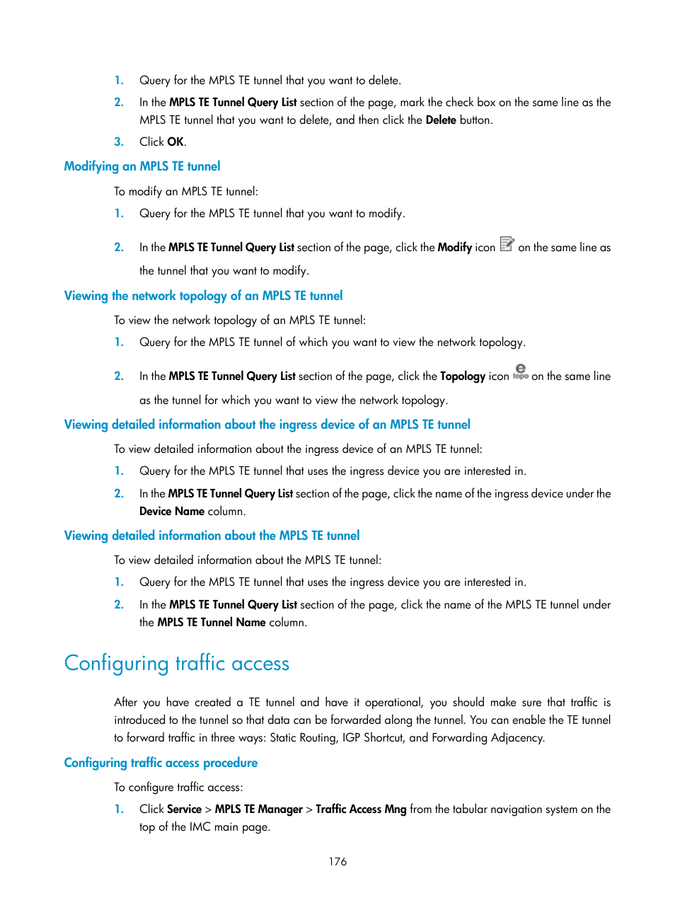 Modifying an mpls te tunnel, Viewing the network topology of an mpls te tunnel, Configuring traffic access | Configuring traffic access procedure | H3C Technologies H3C Intelligent Management Center User Manual | Page 186 / 273