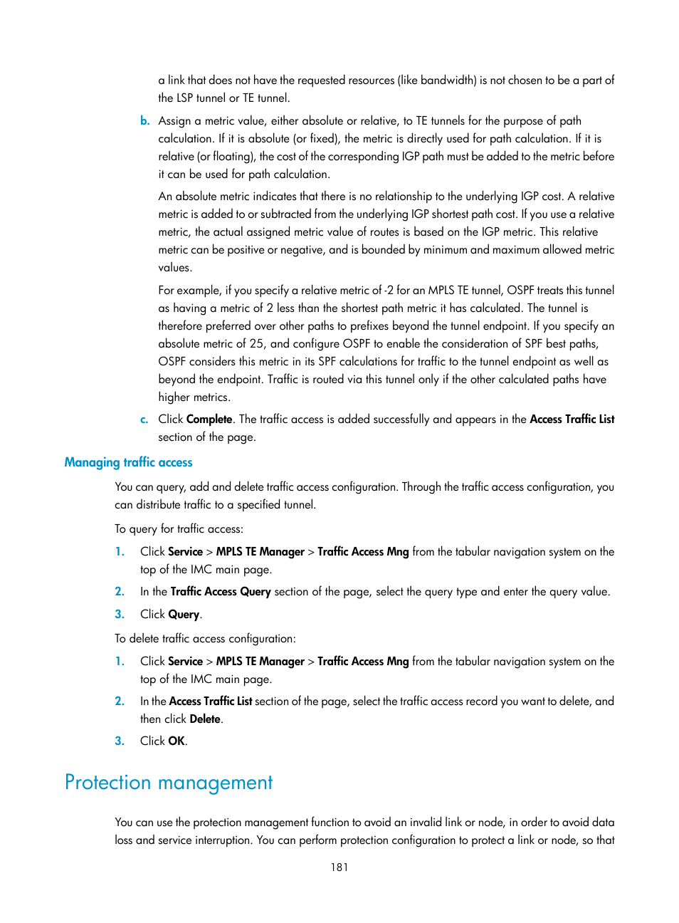 Managing traffic access, Protection management | H3C Technologies H3C Intelligent Management Center User Manual | Page 191 / 273