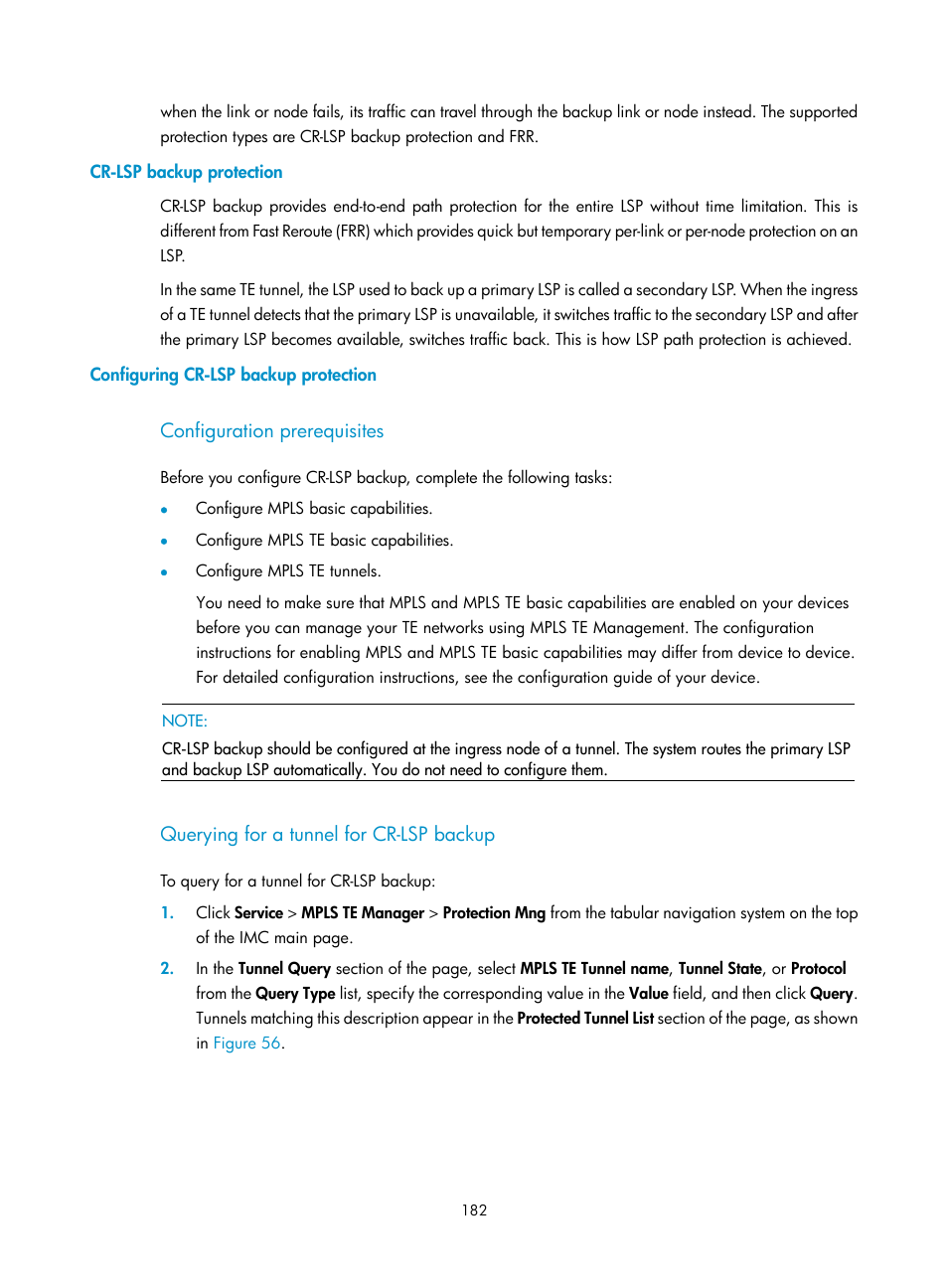 Cr-lsp backup protection, Configuring cr-lsp backup protection, Configuration prerequisites | Querying for a tunnel for cr-lsp backup | H3C Technologies H3C Intelligent Management Center User Manual | Page 192 / 273