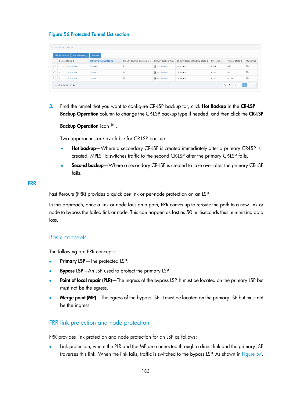 Basic concepts, Frr link protection and node protection | H3C Technologies H3C Intelligent Management Center User Manual | Page 193 / 273