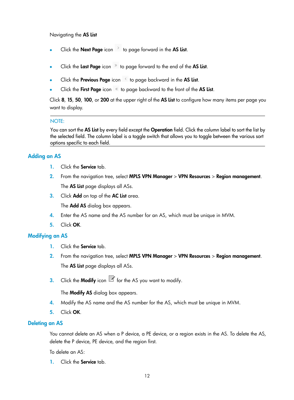 Adding an as, Modifying an as, Deleting an as | R more information, see | H3C Technologies H3C Intelligent Management Center User Manual | Page 22 / 273