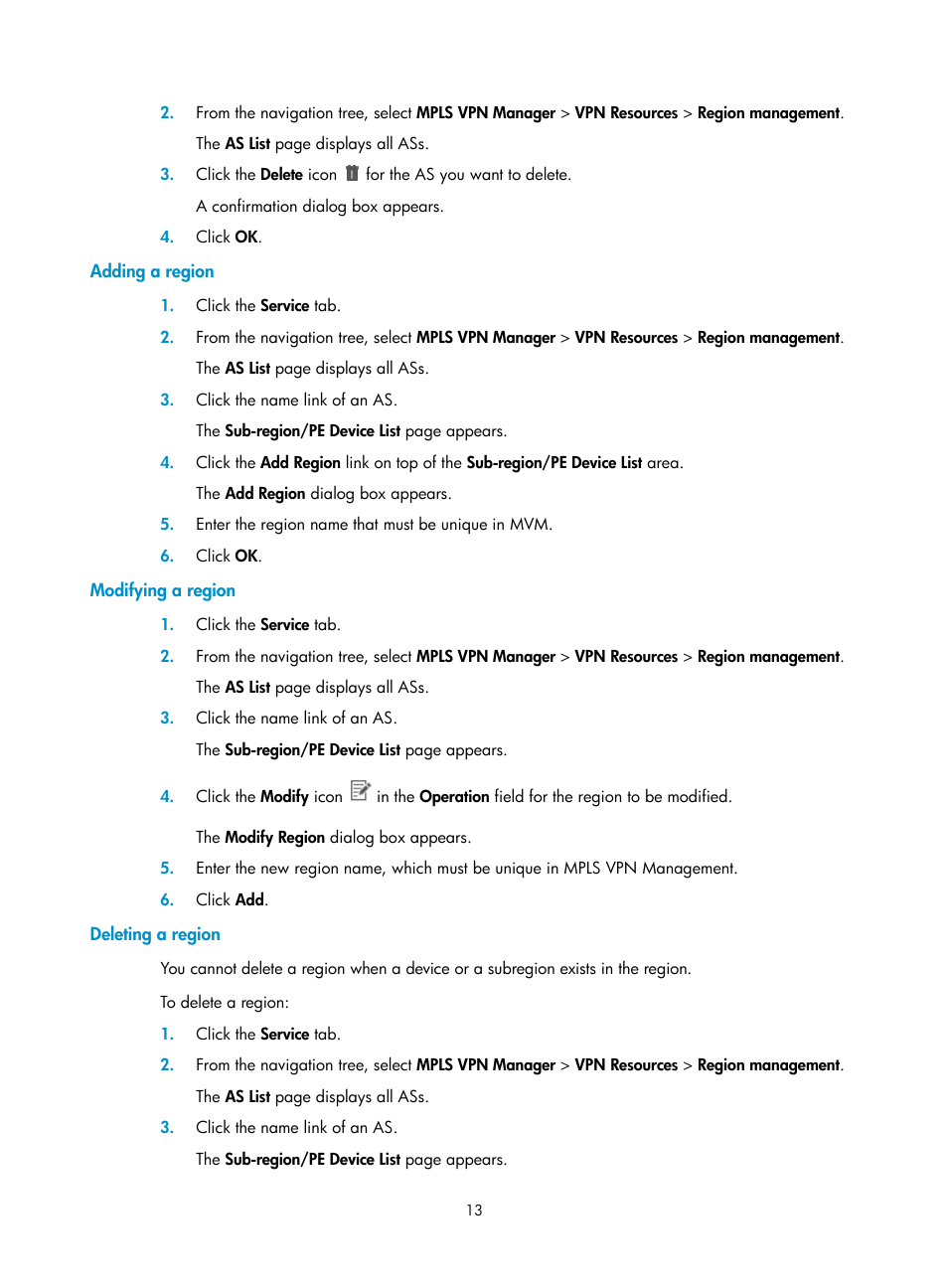 Adding a region, Modifying a region, Deleting a region | Ns to a region. for more information, see, Adding, A region | H3C Technologies H3C Intelligent Management Center User Manual | Page 23 / 273