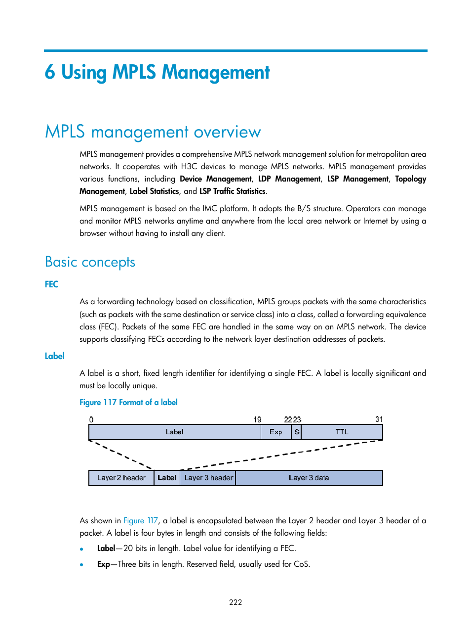 6 using mpls management, Mpls management overview, Basic concepts | Label | H3C Technologies H3C Intelligent Management Center User Manual | Page 232 / 273