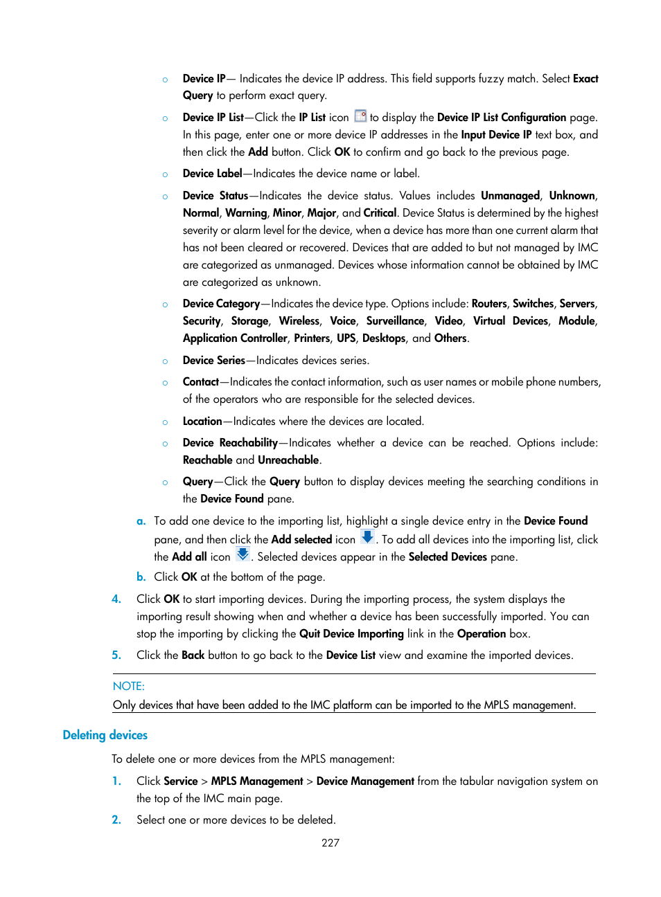 Deleting devices | H3C Technologies H3C Intelligent Management Center User Manual | Page 237 / 273