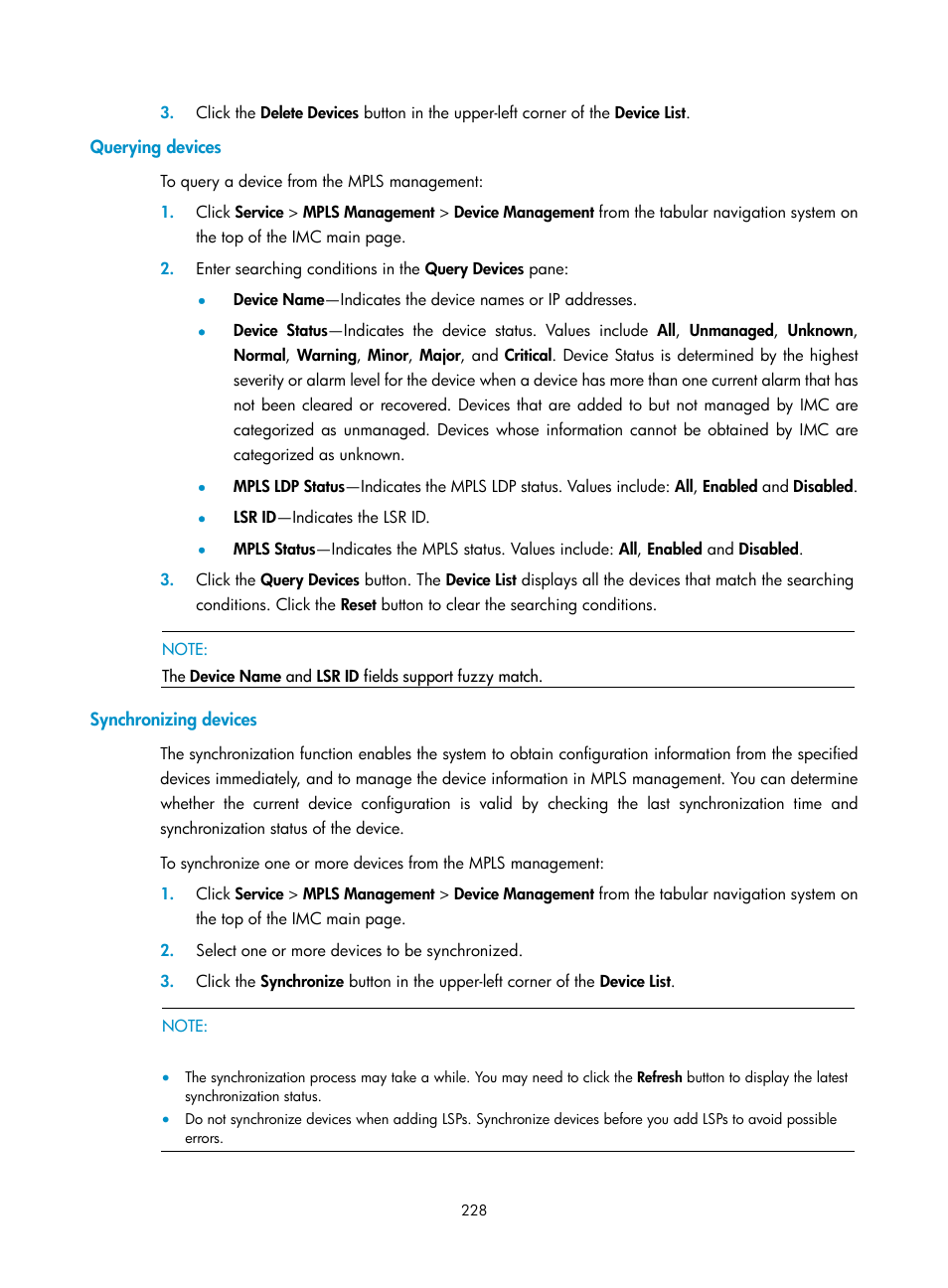 Querying devices, Synchronizing devices | H3C Technologies H3C Intelligent Management Center User Manual | Page 238 / 273