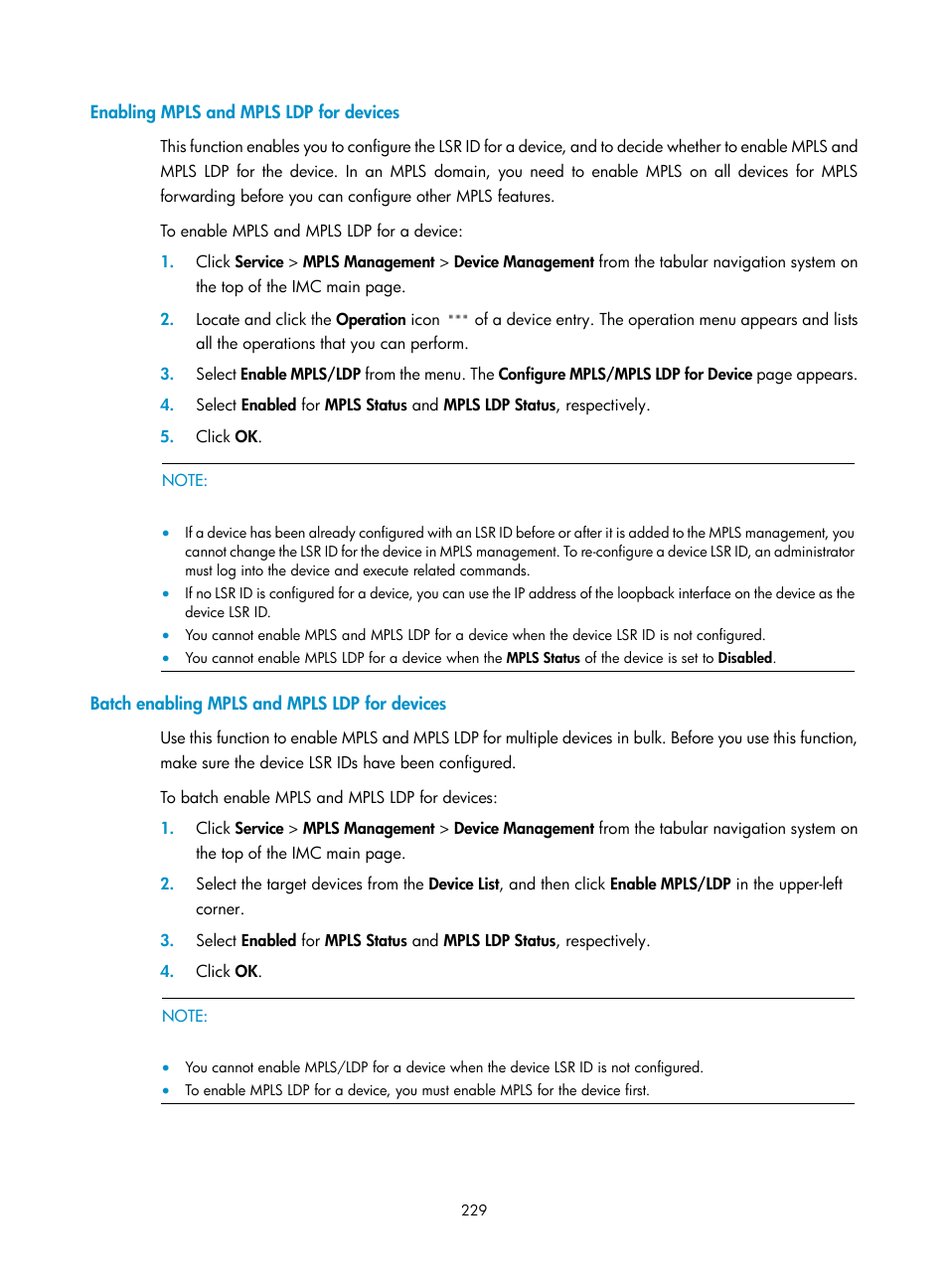 Enabling mpls and mpls ldp for devices, Batch enabling mpls and mpls ldp for devices | H3C Technologies H3C Intelligent Management Center User Manual | Page 239 / 273