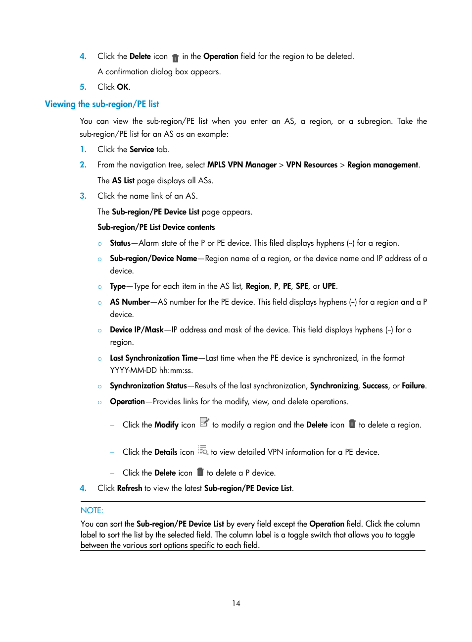 Viewing the sub-region/pe list | H3C Technologies H3C Intelligent Management Center User Manual | Page 24 / 273