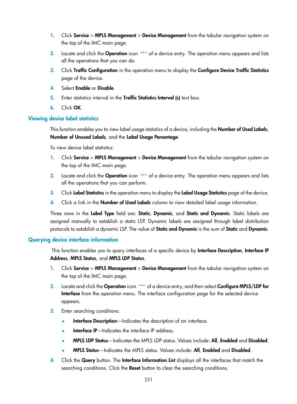 Viewing device label statistics, Querying device interface information | H3C Technologies H3C Intelligent Management Center User Manual | Page 241 / 273