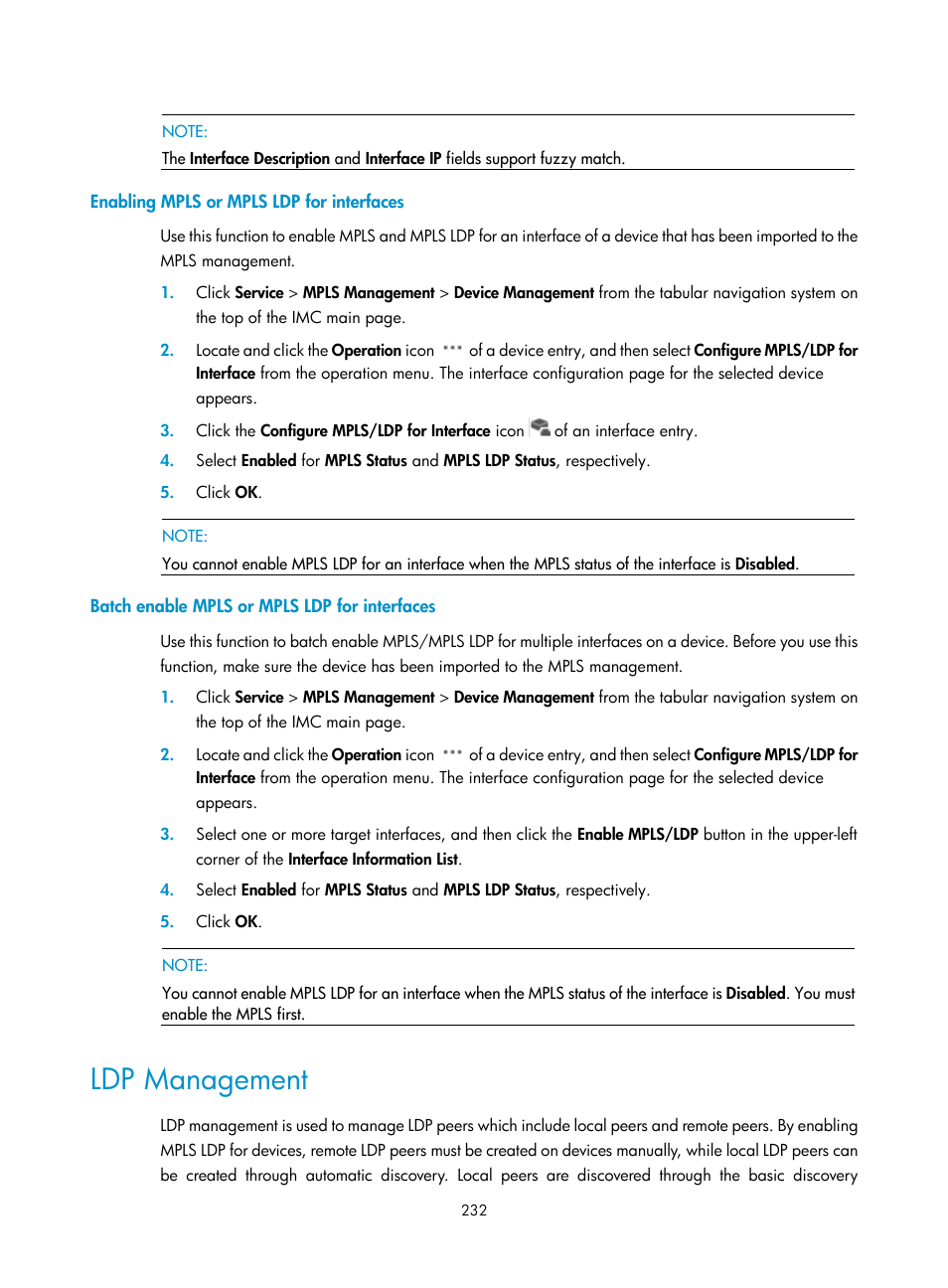 Enabling mpls or mpls ldp for interfaces, Batch enable mpls or mpls ldp for interfaces, Ldp management | H3C Technologies H3C Intelligent Management Center User Manual | Page 242 / 273