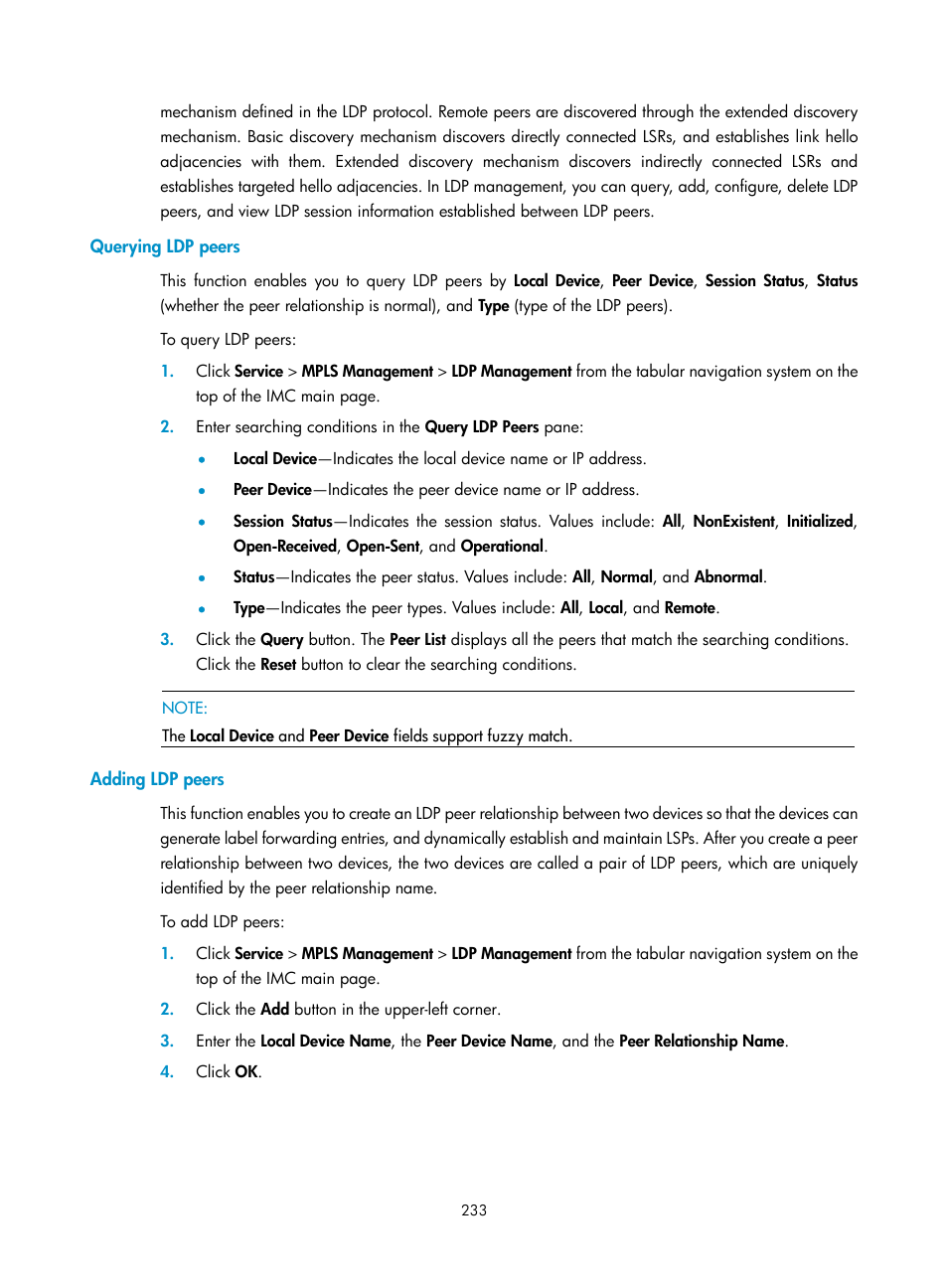 Querying ldp peers, Adding ldp peers | H3C Technologies H3C Intelligent Management Center User Manual | Page 243 / 273