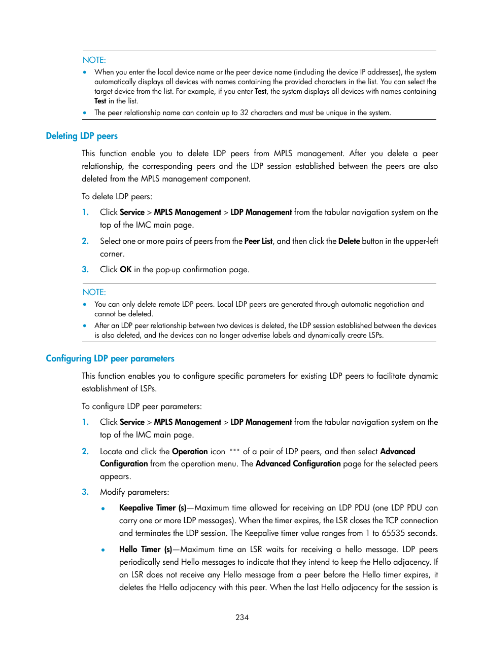 Deleting ldp peers, Configuring ldp peer parameters | H3C Technologies H3C Intelligent Management Center User Manual | Page 244 / 273