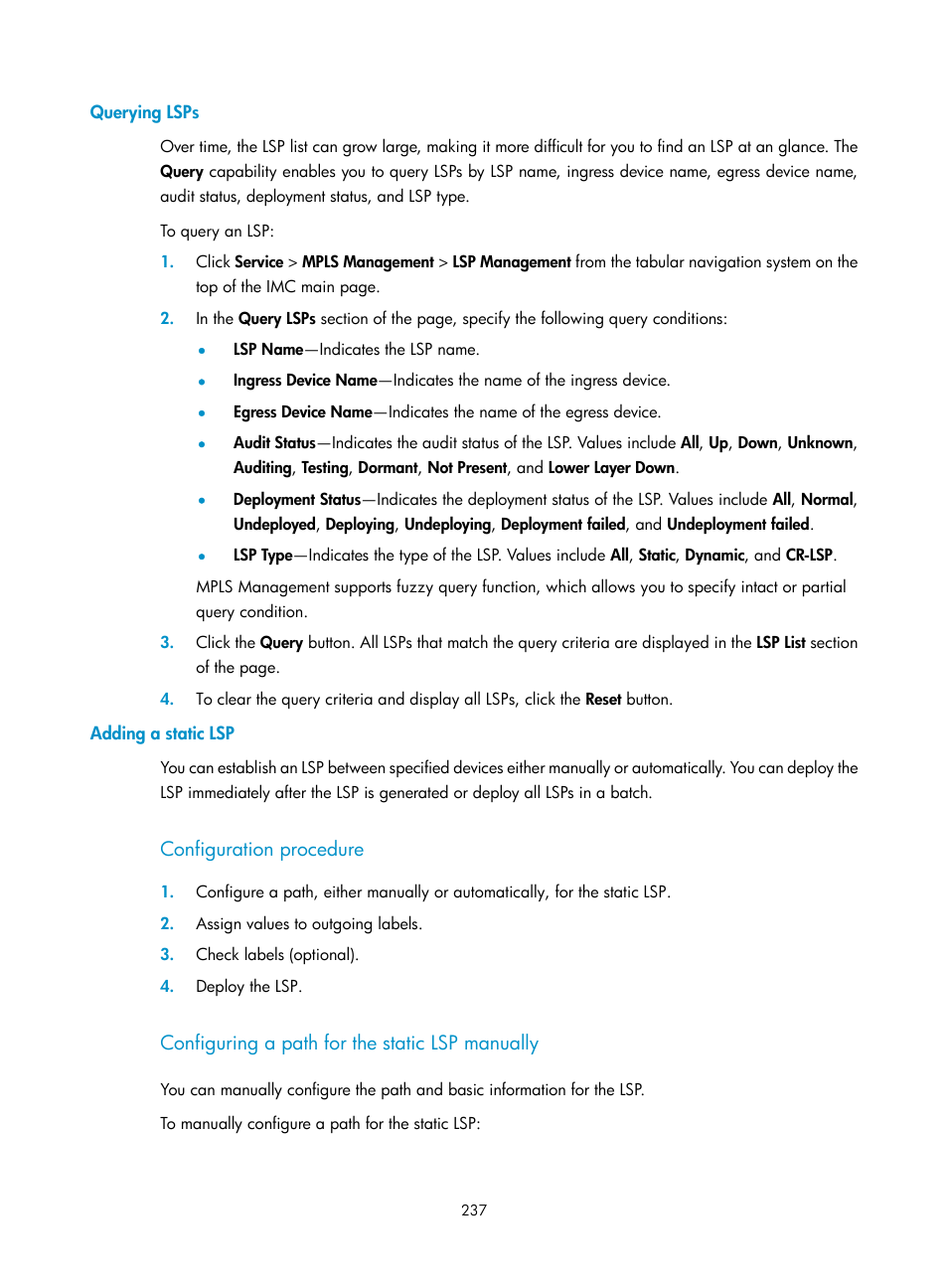 Querying lsps, Adding a static lsp, Configuration procedure | Configuring a path for the static lsp manually | H3C Technologies H3C Intelligent Management Center User Manual | Page 247 / 273