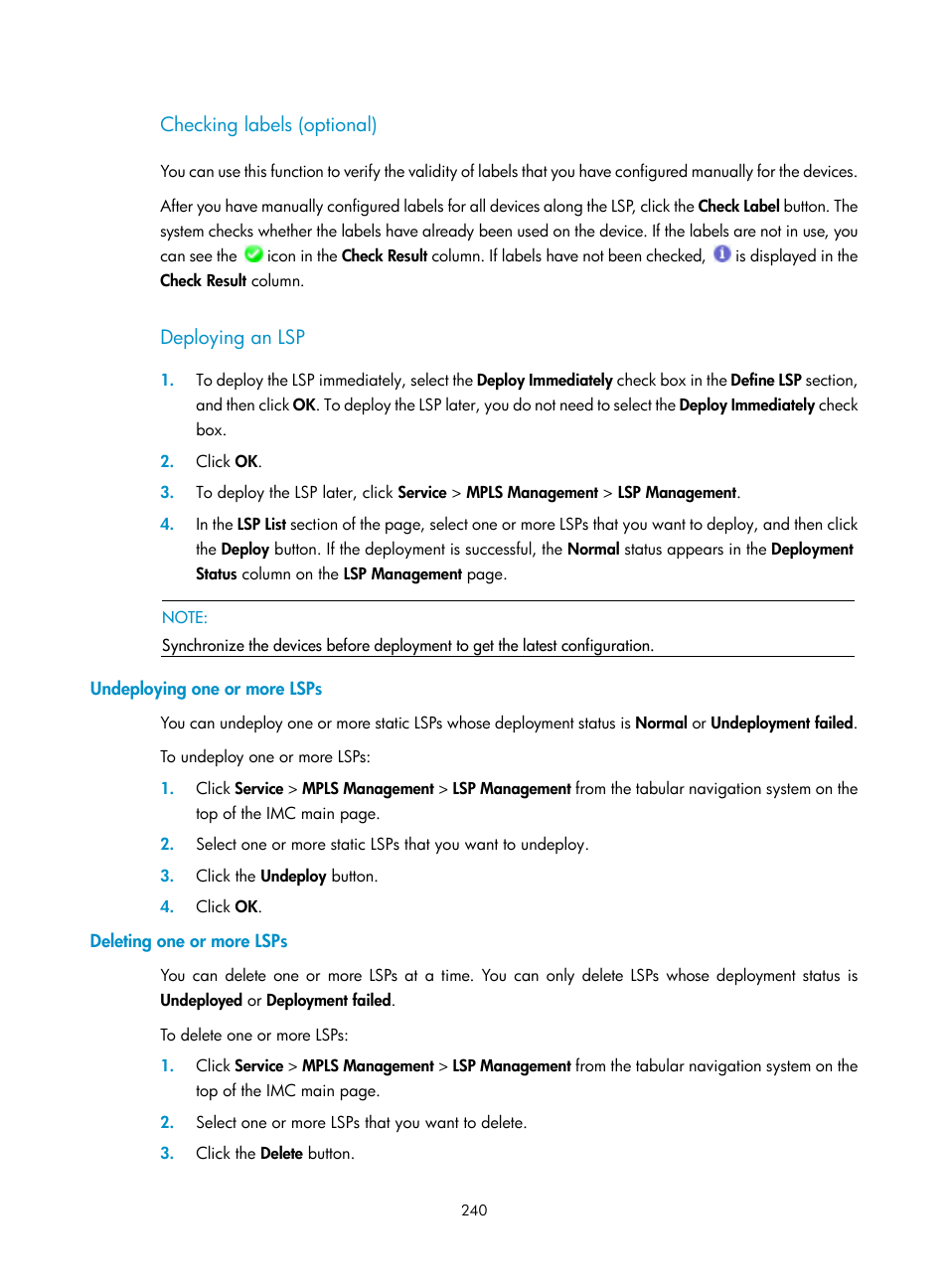 Checking labels (optional), Deploying an lsp, Undeploying one or more lsps | Deleting one or more lsps | H3C Technologies H3C Intelligent Management Center User Manual | Page 250 / 273