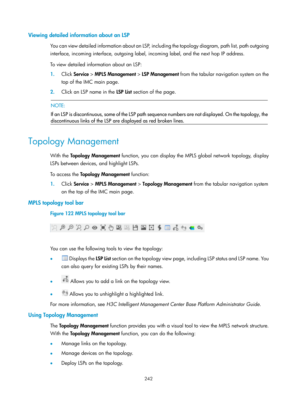 Viewing detailed information about an lsp, Topology management, Mpls topology tool bar | Using topology management | H3C Technologies H3C Intelligent Management Center User Manual | Page 252 / 273