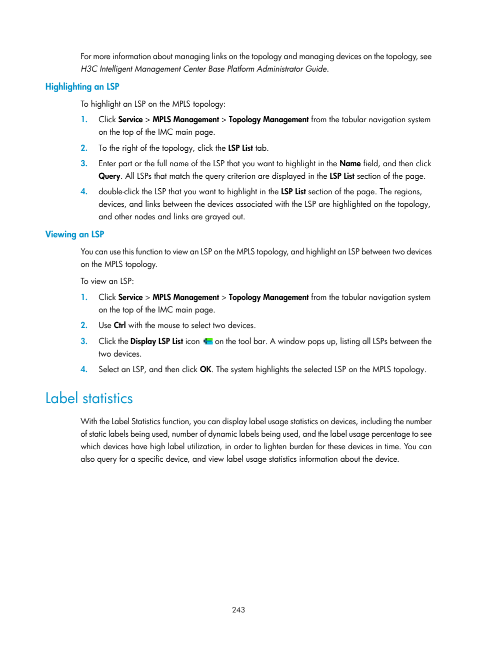 Highlighting an lsp, Viewing an lsp, Label statistics | H3C Technologies H3C Intelligent Management Center User Manual | Page 253 / 273