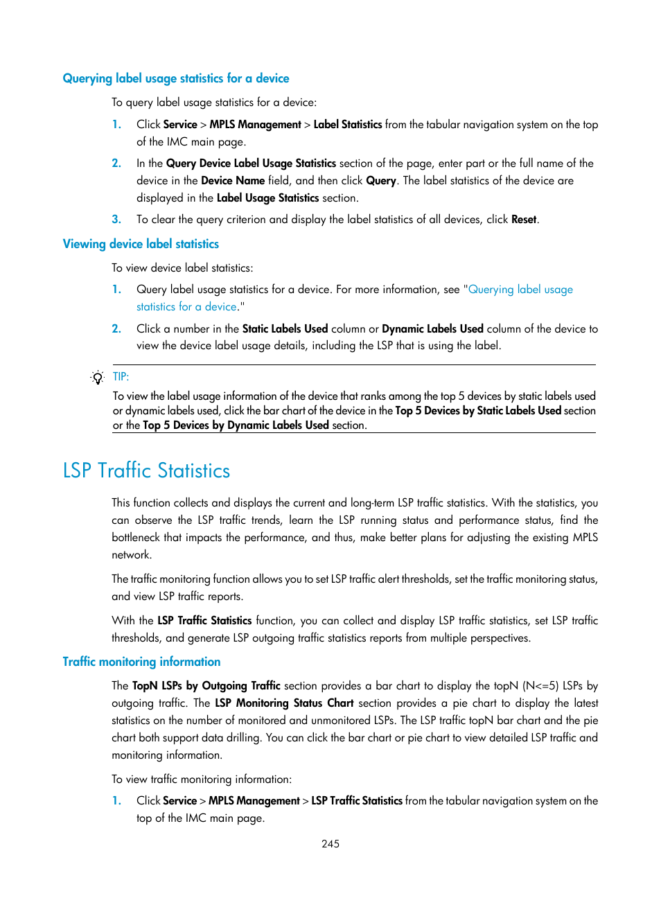 Querying label usage statistics for a device, Viewing device label statistics, Lsp traffic statistics | Traffic monitoring information | H3C Technologies H3C Intelligent Management Center User Manual | Page 255 / 273