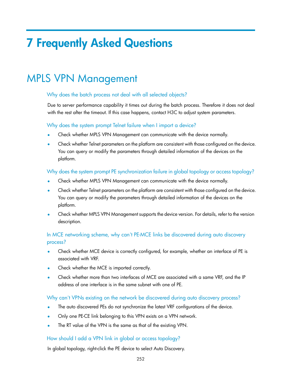 7 frequently asked questions, Mpls vpn management | H3C Technologies H3C Intelligent Management Center User Manual | Page 262 / 273