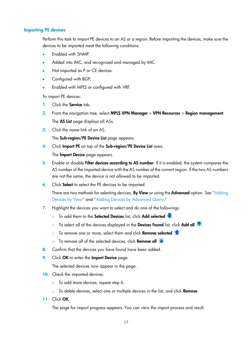 Importing pe devices, Importing, Pe devices | H3C Technologies H3C Intelligent Management Center User Manual | Page 27 / 273