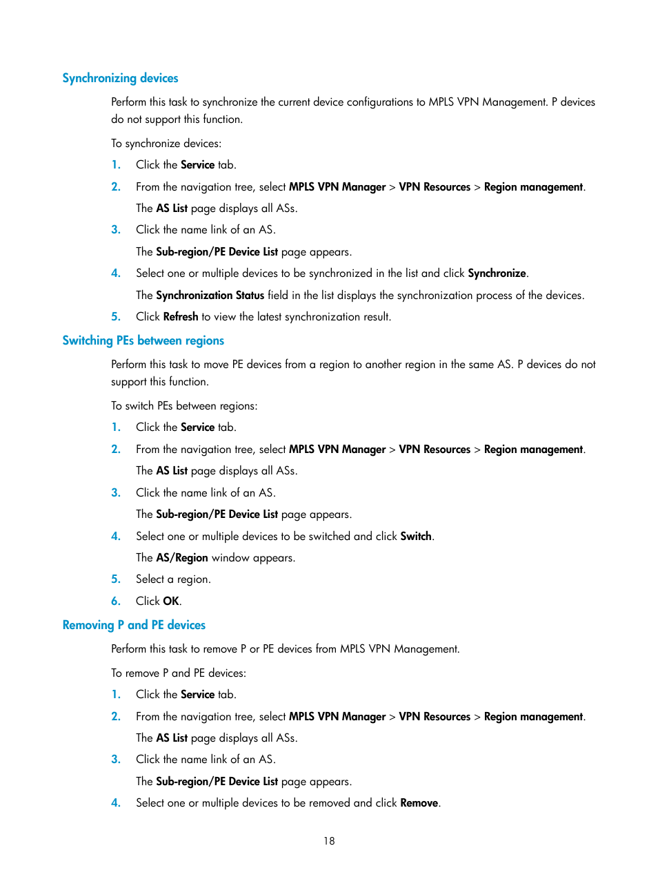 Synchronizing devices, Switching pes between regions, Removing p and pe devices | H3C Technologies H3C Intelligent Management Center User Manual | Page 28 / 273