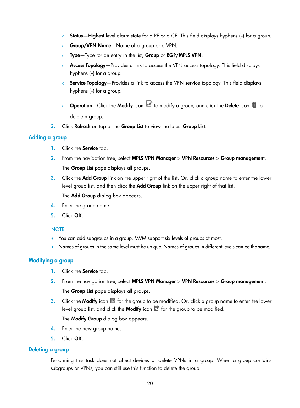 Adding a group, Modifying a group, Deleting a group | H3C Technologies H3C Intelligent Management Center User Manual | Page 30 / 273