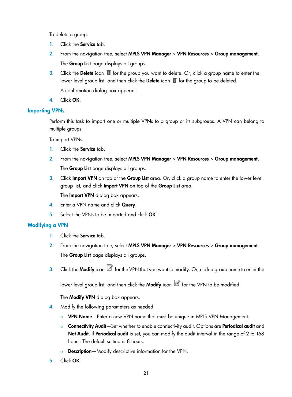 Importing vpns, Modifying a vpn | H3C Technologies H3C Intelligent Management Center User Manual | Page 31 / 273