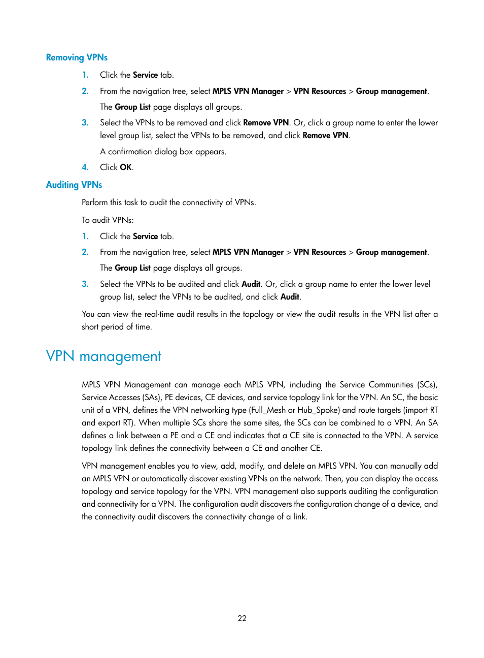 Removing vpns, Auditing vpns, Vpn management | H3C Technologies H3C Intelligent Management Center User Manual | Page 32 / 273