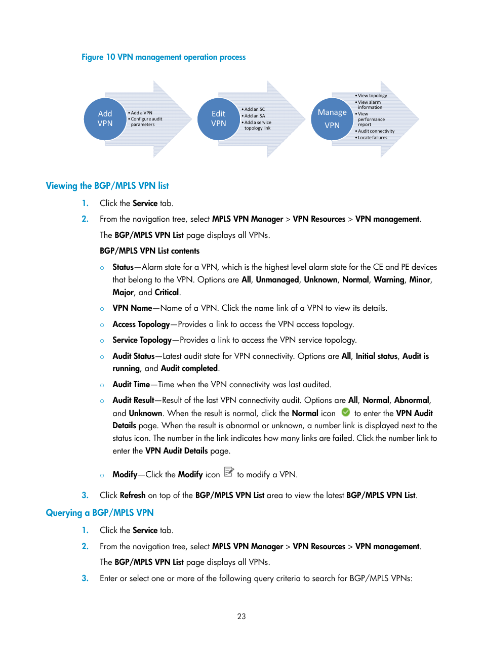 Viewing the bgp/mpls vpn list, Querying a bgp/mpls vpn | H3C Technologies H3C Intelligent Management Center User Manual | Page 33 / 273